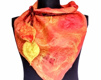 Gold and Red scarf, Nuno felt collar, Triangle scarf,  Red Kerchief, Silk and wool scarf, Red flower scarf