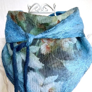 Blue Silk Felt Scarf, Triangle Flower Scarf, Kerchief Scarf, Baktus Scarf, Silk and Wool Scarf, Nuno Felted Scarf, Flower Neck collar, Cowl image 3