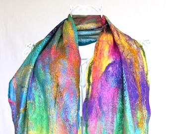 Nuno Felted Scarf. Rainbow, Shiny Silk Scarf, Vivid Scarf, Unique handmade shawl. Merino scarf. Silk and wool scarf.