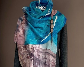 Nuno Felted Shawl: Silk Wool Scarf, Venice Print, Turquoise Blue
