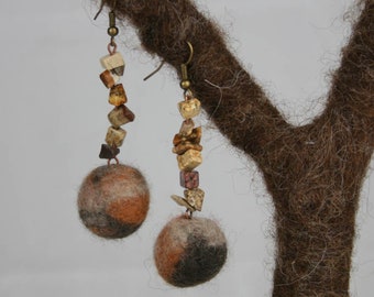 Beige Felted earrings, Felt jewelry, Hand made earrings, Ball earrings, Unique earrings, Wool Earrings