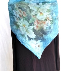 Blue Silk Felt Scarf, Triangle Flower Scarf, Kerchief Scarf, Baktus Scarf, Silk and Wool Scarf, Nuno Felted Scarf, Flower Neck collar, Cowl image 5