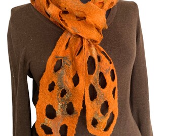 Dark orange merino scarf, Nuno Felted scarf with hand cut holes