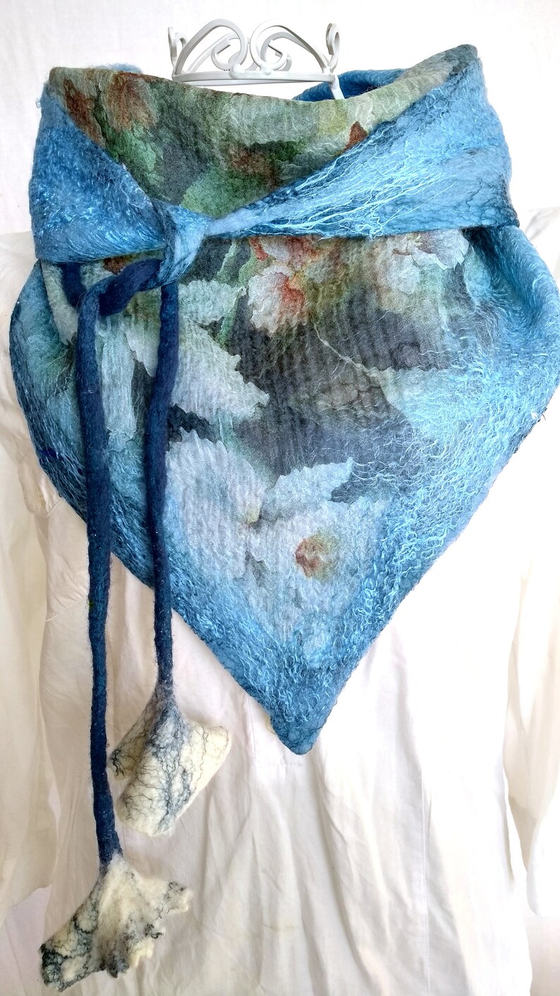 Blue Silk Felt Scarf, Triangle Flower Scarf, Kerchief Scarf, Baktus Scarf, Silk and Wool Scarf, Nuno Felted Scarf, Flower Neck collar, Cowl image 3