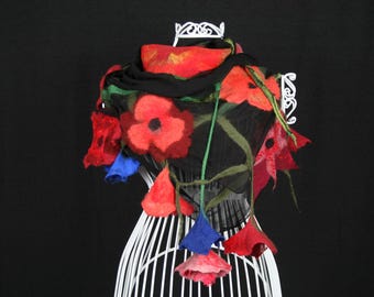Nuno Felted Scarf, Black Silk Scarf,Silk Scarf with Felt Flowers, Black and Red Scarf, Wool and Silk Scarf, Unique Felted Neckpiece, Gipsy