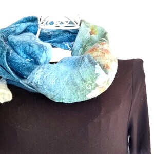 Blue Silk Felt Scarf, Triangle Flower Scarf, Kerchief Scarf, Baktus Scarf, Silk and Wool Scarf, Nuno Felted Scarf, Flower Neck collar, Cowl image 9