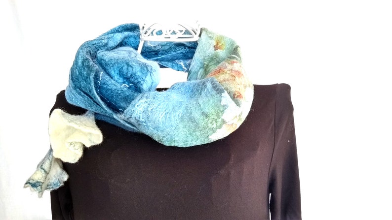 Blue Silk Felt Scarf, Triangle Flower Scarf, Kerchief Scarf, Baktus Scarf, Silk and Wool Scarf, Nuno Felted Scarf, Flower Neck collar, Cowl image 9