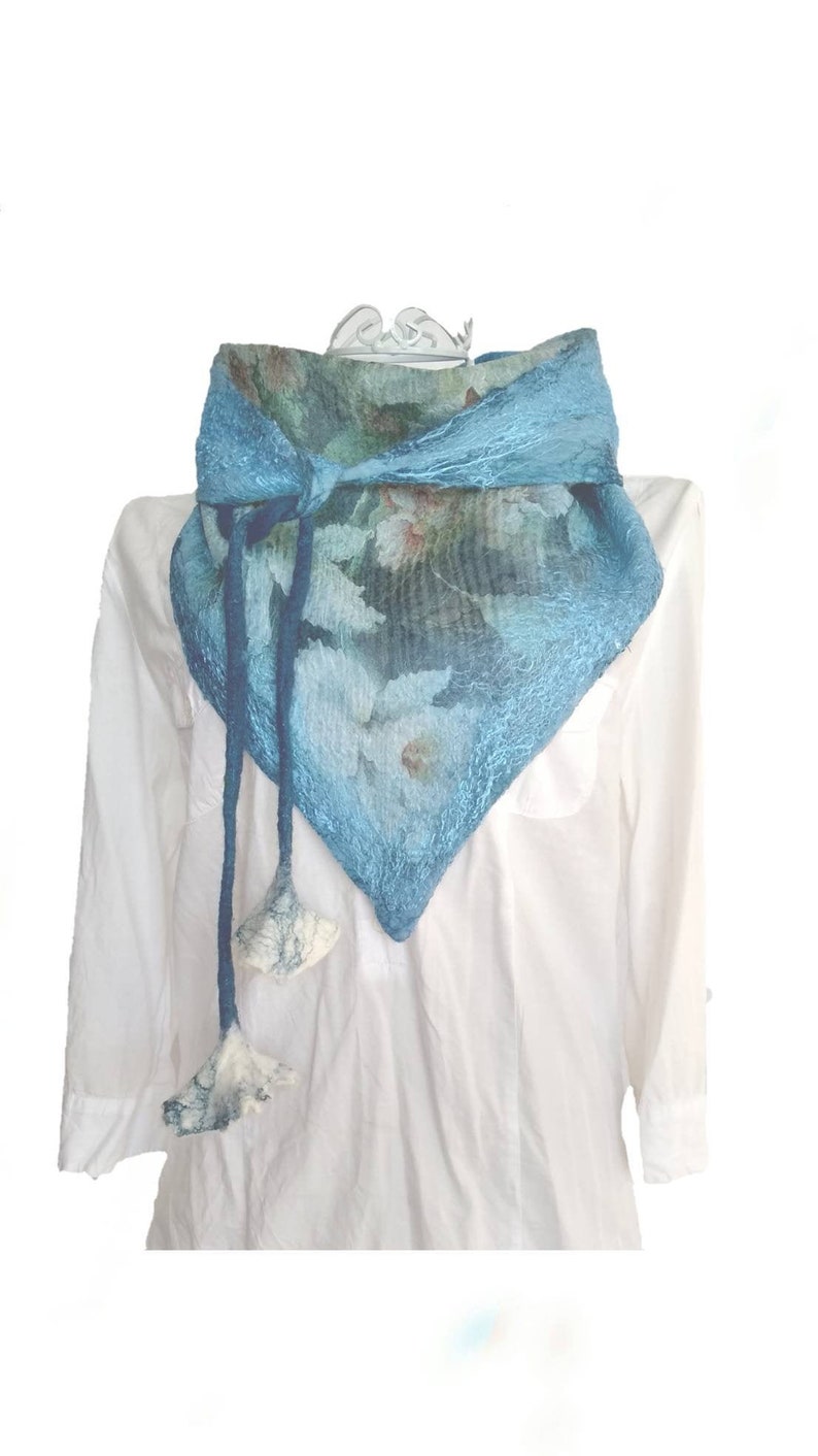 Blue Silk Felt Scarf, Triangle Flower Scarf, Kerchief Scarf, Baktus Scarf, Silk and Wool Scarf, Nuno Felted Scarf, Flower Neck collar, Cowl image 1