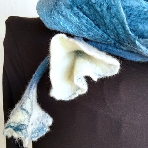 Blue Silk Felt Scarf, Triangle Flower Scarf, Kerchief Scarf, Baktus Scarf, Silk and Wool Scarf, Nuno Felted Scarf, Flower Neck collar, Cowl image 10
