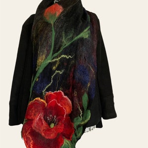 Poppy flower Shawl, Black merino scarf, Nuno Felted Wrap, Flower Silk Scarf, Unique Handmade Shawl, Black and Red Evening Wrap, Wearable art