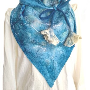 Blue Silk Felt Scarf, Triangle Flower Scarf, Kerchief Scarf, Baktus Scarf, Silk and Wool Scarf, Nuno Felted Scarf, Flower Neck collar, Cowl image 2