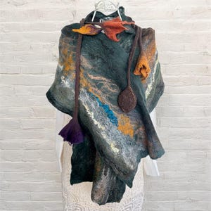 Forest Green brown merino wool scarf, Nuno felted shawl, Unique handmade wrap, Designers textured scarf, Art work for wear, Best mom gift