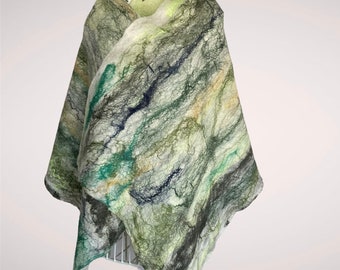Green and white merino shawl, Soft wool scarf, cobweb felt shawl, silk and wool wrap, art everyday scarf, textured wrap, nuno felt shawl,