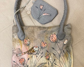 Grey and pink designer shoulder bag, Felted crossbody bag, embroidery purse bag, large bag with birds and flowers, unique handmade tote bag