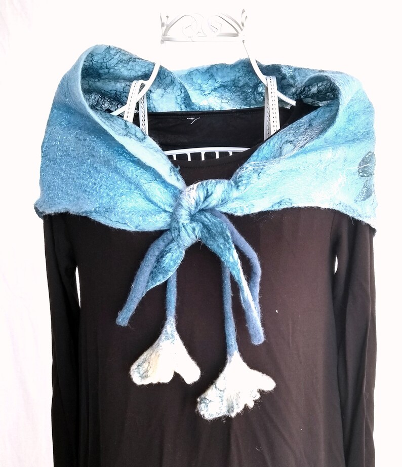 Blue Silk Felt Scarf, Triangle Flower Scarf, Kerchief Scarf, Baktus Scarf, Silk and Wool Scarf, Nuno Felted Scarf, Flower Neck collar, Cowl image 4