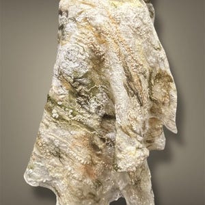 Natural wool textured shawl, Merino wool wrap, earth coloured scarf, cream white, green, gold handmade garment, Unique boho cape