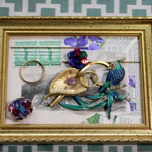 Mixed Media Assemblage Bird Leaf Framed Kitschy Whimsical Framed Art