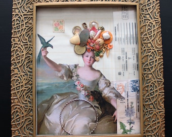 Whimsical Assemblage Wall Art – Mixed Media Portrait with Vintage Jewelry & Shells – Eclectic Ornate Frame Home Décor