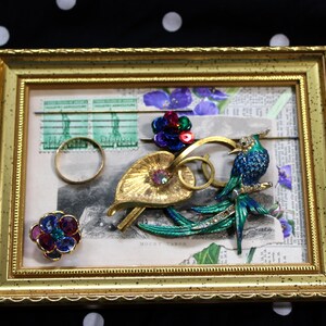 Vintage Assemblage Art – Mixed Media Bird Wall Decor – Upcycled Jewelry in Gold Frame – One of a Kind Home Art Gift