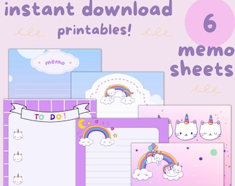 Rainbow Unicorn Cat Note Sheet Memos | Cute Printable Stationary | Kawaii Notepad Sets | Scrapbook Journal Inserts | Instant Download