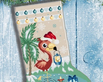 Cute flamingo christmas stocking, boy version, cross stitch pattern, christmas cross stitch, flamingo cross stitch, christmas pattern