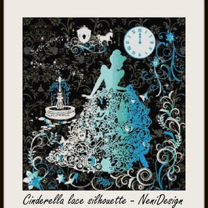 Puede incluir: Una silueta azul y blanca de Cenicienta con un vestido de baile, con un reloj marcando la medianoche, un carruaje y una fuente en el fondo. La imagen está sobre un fondo negro con un patrón floral.