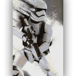 May include: A black and white cross stitch pattern of a Stormtrooper from Star Wars. The Stormtrooper is holding a blaster rifle and is surrounded by a white, pixelated background.