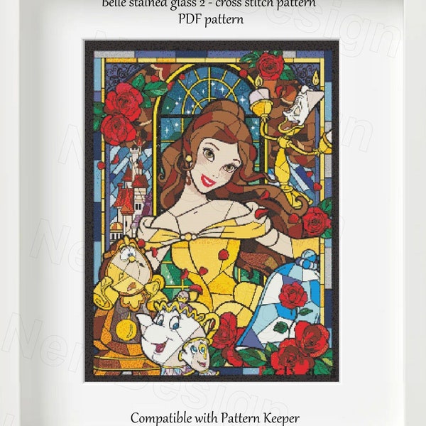 Belle stained glass 2 Cross stitch pattern Pattern Keeper Stained glass cross stitch Home decor Wall decor Beauty and the Beast DIY Princess