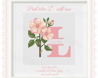 Pink Letter L Cross Stitch Pattern, Floral Alphabet (PDF Pattern