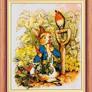 Beatrix Potter Peter Rabbit Cross stitch pattern With Robin Home decor PDF pattern Digital cross stitch Instant download Cute Rabbit Gift