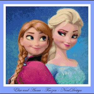 May include: Elsa and Anna from the Disney movie Frozen, side by side. Elsa has long blonde hair and a blue dress. Anna has long red hair and a pink dress. The background is blue.