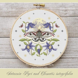 Saturnia Moth Cross Stitch Pattern, Floral Moon Design (PDF Pattern)