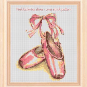 May include: Pink ballerina shoes with a pink ribbon cross stitch pattern.