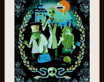 Puede incluir: Un patrón de punto de cruz con los personajes de la Haunted Mansion de Disney. El patrón incluye los fantasmas, la mansión y el cementerio icónico. El patrón está en un esquema de color verde, azul y negro. El texto "Haunted Mansion 1 - Neni Design" está en la parte inferior del patrón.
