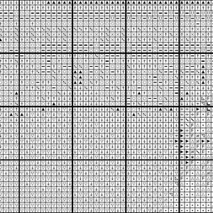 Puede incluir: Un gr&aacute;fico de punto de cruz en blanco y negro con s&iacute;mbolos para diferentes puntadas, incluyendo flechas, c&iacute;rculos y tri&aacute;ngulos. El gr&aacute;fico est&aacute; dividido en cuadrados, cada uno representando una puntada.