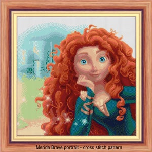 Merida Brave portrait Cross stitch pattern DIY Merida princess cross stitch Kids room decoration Tale heroes cross stitch Merida portrait