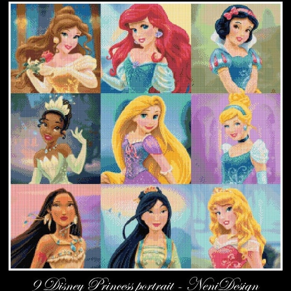 9 Princess portrait Cross stitch pattern DIY princess cross stitch DIY Aurora Belle Ariel Snow White Tiana Rapunzel Cinderella Moana Mulan