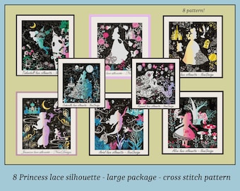 8 Princess lace silhouette large package Cross stitch pattern Princess cross stitch Home decor Wall decor Tale heroes DIY Modern pattern