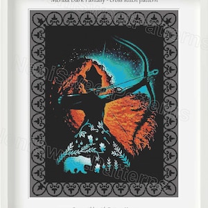 May include: Cross stitch pattern of Merida from Brave, a Disney movie. The pattern features Merida with her bow and arrow, standing in front of a fiery background. The pattern is compatible with Pattern Keeper.