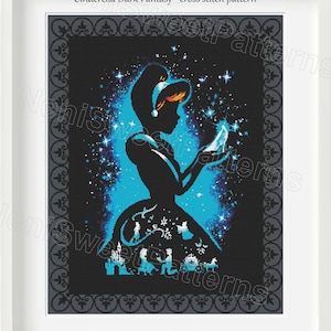 May include: A cross stitch pattern of Cinderella in a dark fantasy style. She is silhouetted against a blue and black background with stars and a glass slipper. The text "Cinderella Dark Fantasy - cross stitch pattern" is at the top of the image. The text "Compatible with Pattern Keeper" is at the bottom of the image.