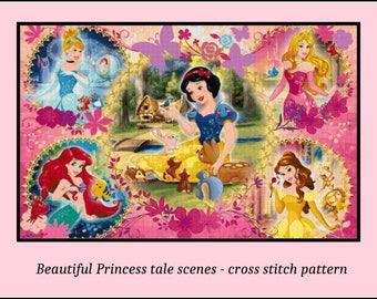 May include: Cross stitch pattern featuring a colorful collage of Disney princesses, including Cinderella, Snow White, Ariel, Belle, and Aurora. Each princess is depicted in a scene from their respective fairy tale.