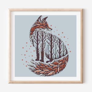 May include: A framed cross-stitch art piece featuring a fox silhouette filled with a forest scene. The fox is rendered in shades of orange and brown, with the forest in muted greens and browns. The background is a light blue, with small orange dots.