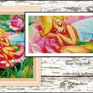 Sleep Tinkerbell Cross stitch pattern Tinkerbell pattern Kids room decoration Fairy cross stitch Cute Tinkerbell DIY Fairy cross stitch