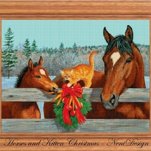 Horses and Kitten Christmas, cross stitch pattern, cross stitch christmas, horses pattern, horses cross stitch, christmas pattern, christmas