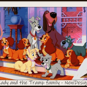 May include: A colorful illustration of Lady and the Tramp and their family of puppies. The dogs are all sitting on a porch with a purple door and a green plant in the background. The text "Lady and the Tramp family - NeniDesign" is at the bottom of the image.