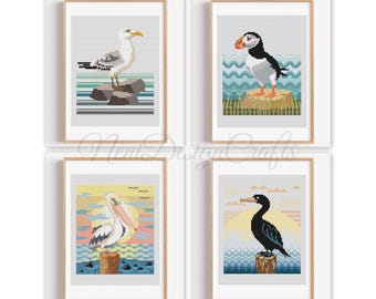 Sea Birds Cross Stitch Pattern: Puffin, Pelican, Seagull (PDF Pattern)