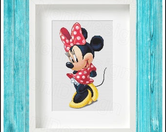 May include: A cross stitch pattern featuring Minnie Mouse in a red dress with white polka dots and a red bow with white polka dots. The pattern is compatible with Pattern Keeper.  Minnie Mouse - cross stitch pattern - PDF pattern