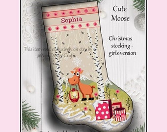 Cute Moose christmas stocking Girl Cross stitch pattern DIY christmas stocking Animal christmas stocking Cute animal crhistmas DIY christmas