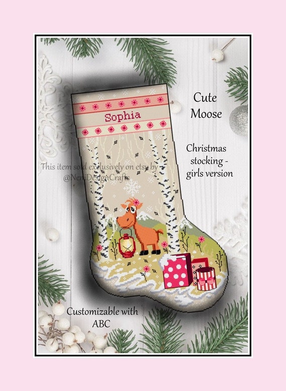 Cute Moose Christmas Stocking Girl Cross Stitch Pattern DIY Christmas  Stocking Animal Christmas Stocking Cute Animal Crhistmas DIY Christmas 