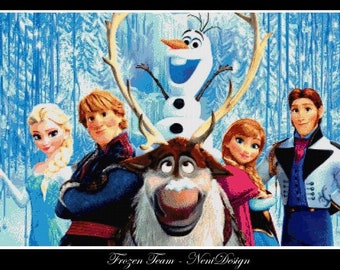 May include: A group of Frozen characters, including Elsa, Anna, Kristoff, Olaf, and Sven, stand in a snowy forest. The characters are smiling and looking at the viewer. The text "Frozen Team - New Design" is at the bottom of the image.